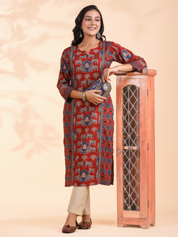 Red Animal Print Straight Cotton Stitched Kurta