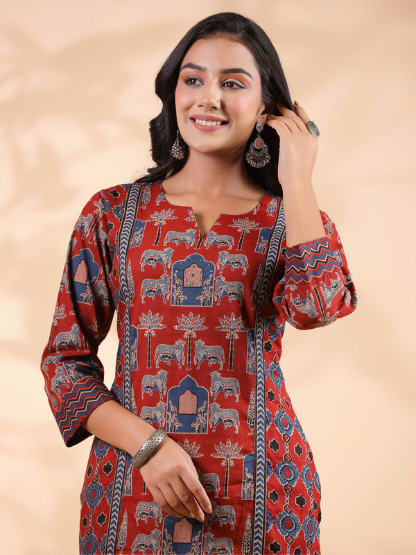 Red Animal Print Straight Cotton Stitched Kurta