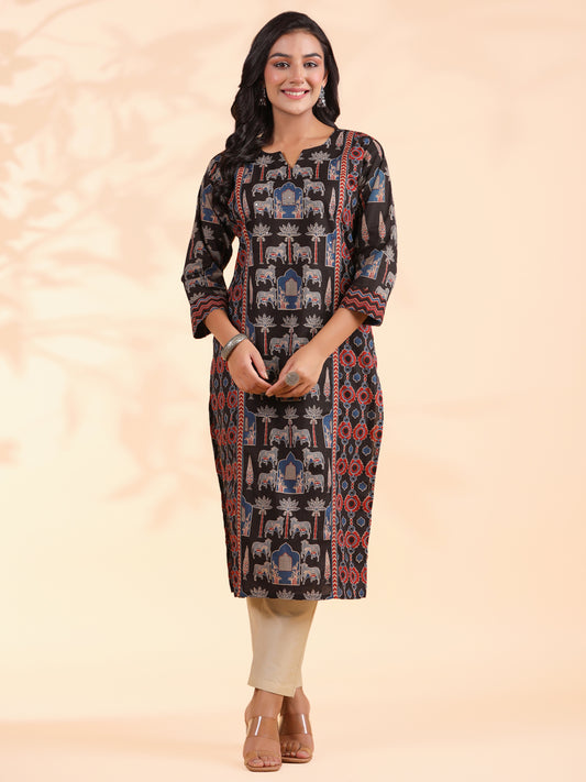 Black Animal Print Straight Cotton Stitched Kurta