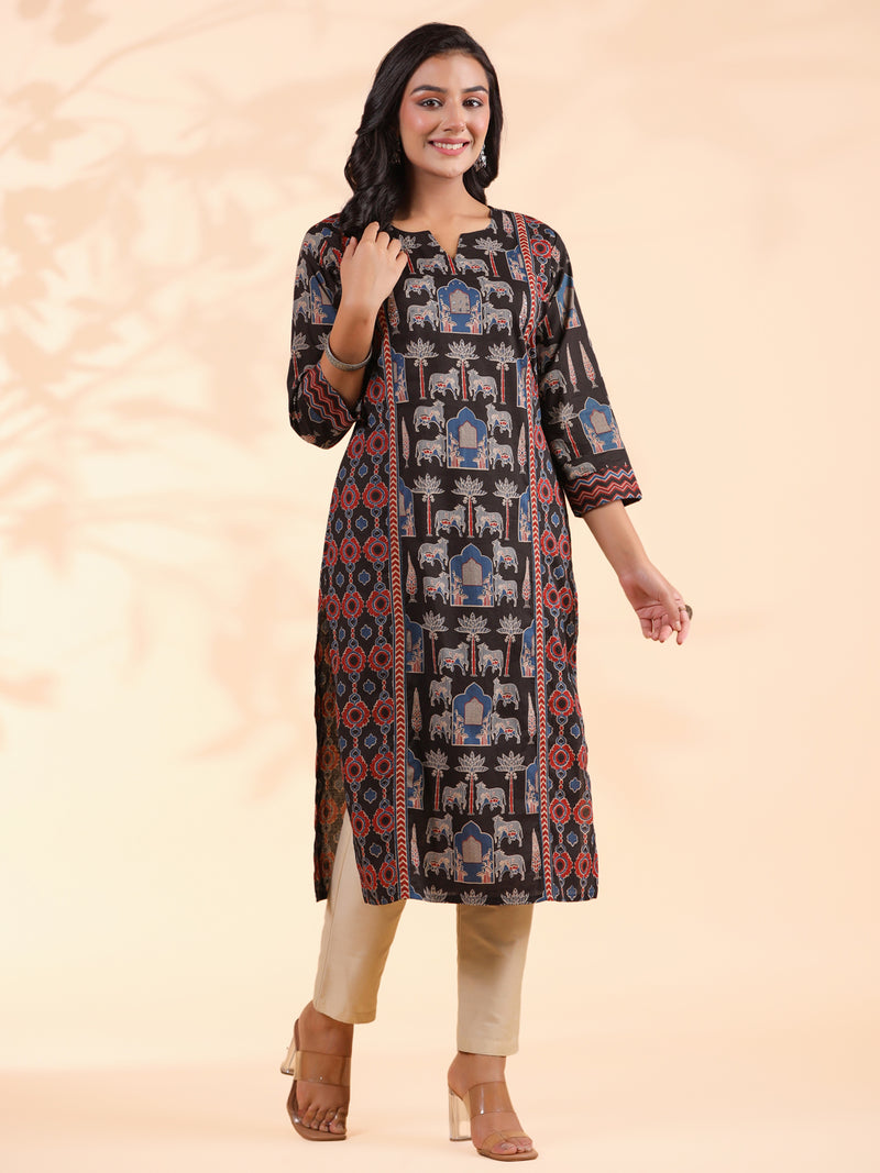 Black Animal Print Straight Cotton Stitched Kurta