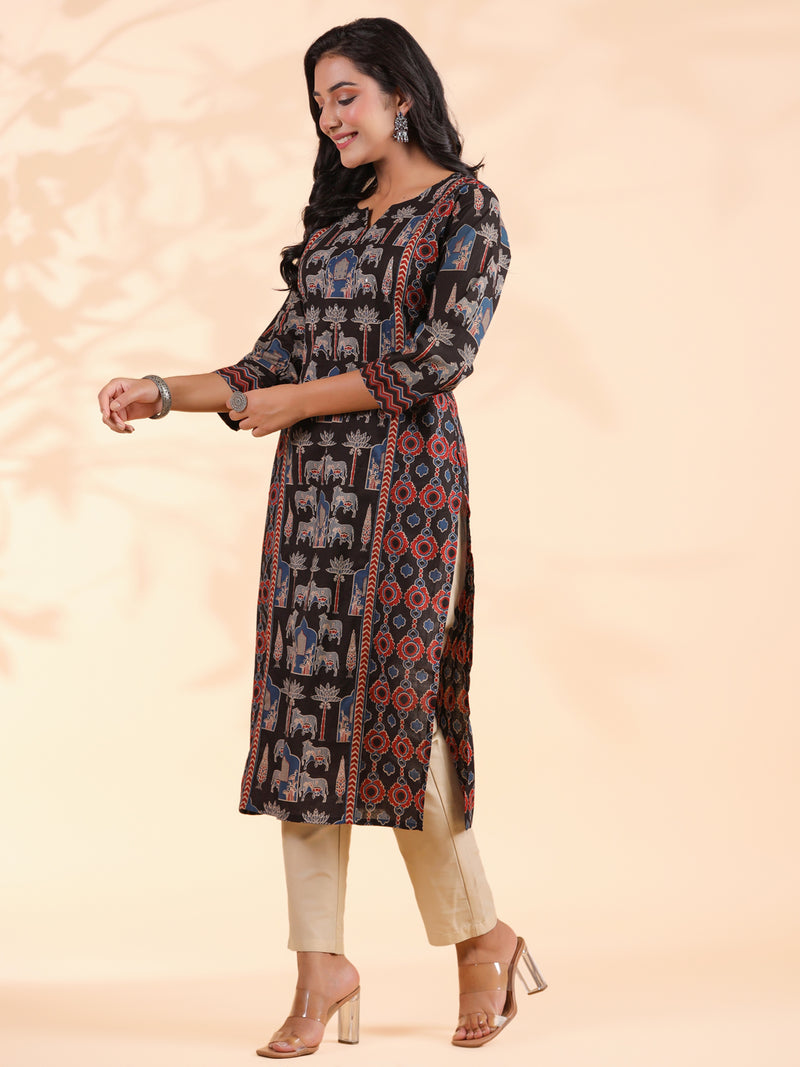 Black Animal Print Straight Cotton Stitched Kurta