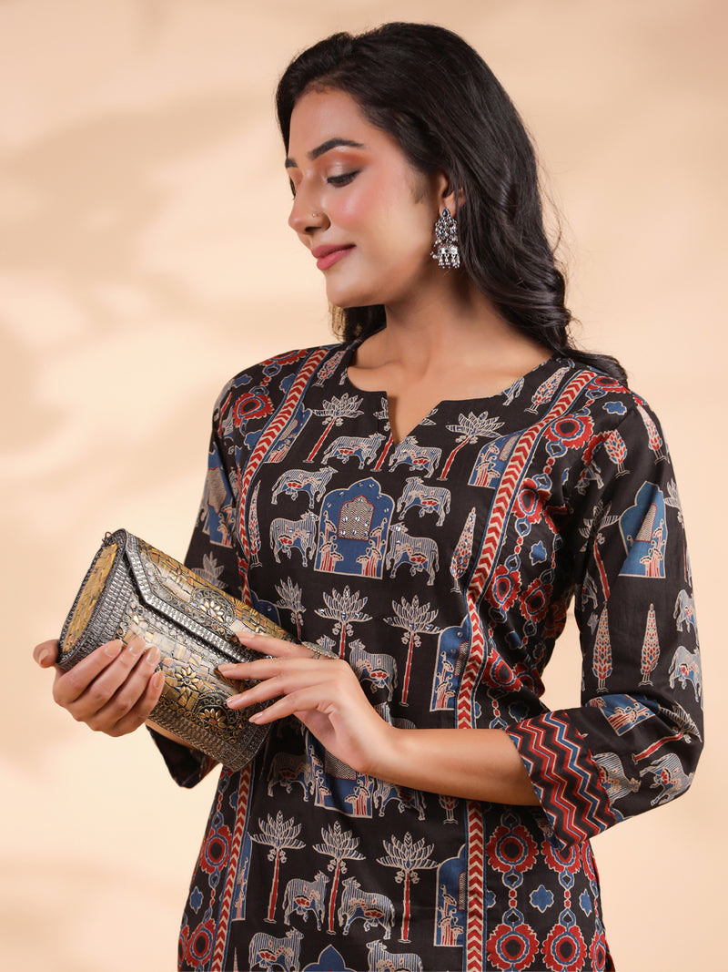 Black Animal Print Straight Cotton Stitched Kurta