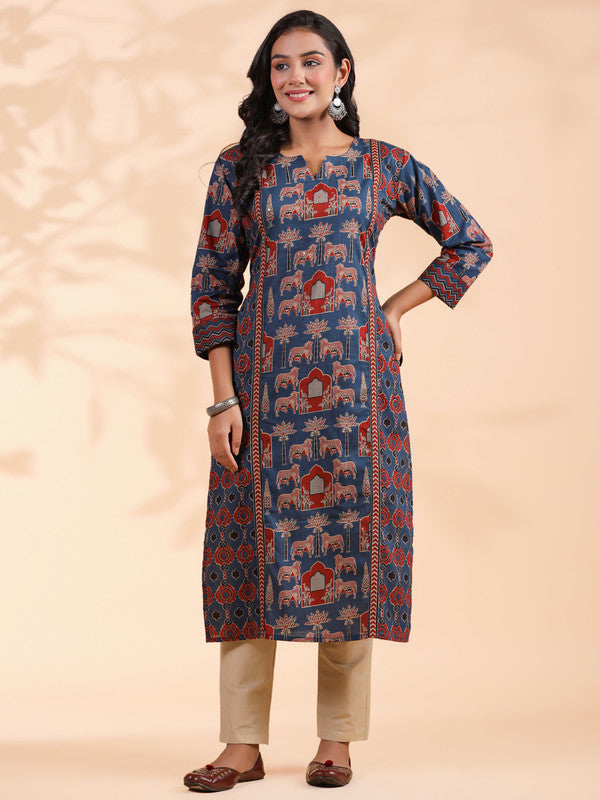 Blue Animal Print Straight Cotton Stitched Kurta