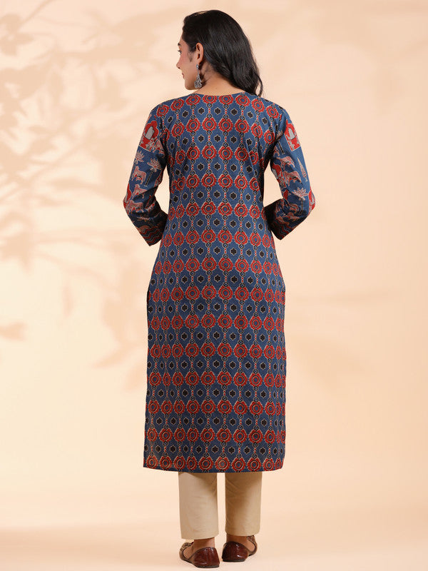 Blue Animal Print Straight Cotton Stitched Kurta