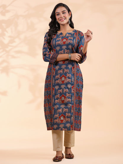 Blue Animal Print Straight Cotton Stitched Kurta