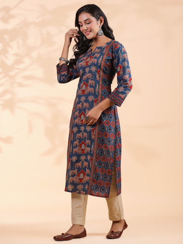 Blue Animal Print Straight Cotton Stitched Kurta