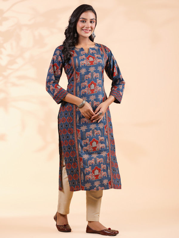 Blue Animal Print Straight Cotton Stitched Kurta