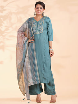 Turquoise Embroidered Straight Roman Silk Stitched Kurta Set