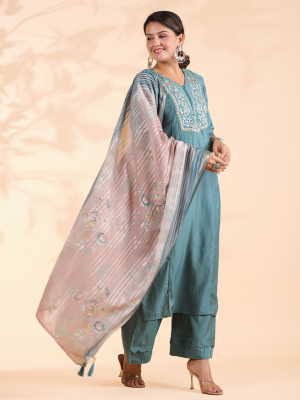 Turquoise Embroidered Straight Roman Silk Stitched Kurta Set