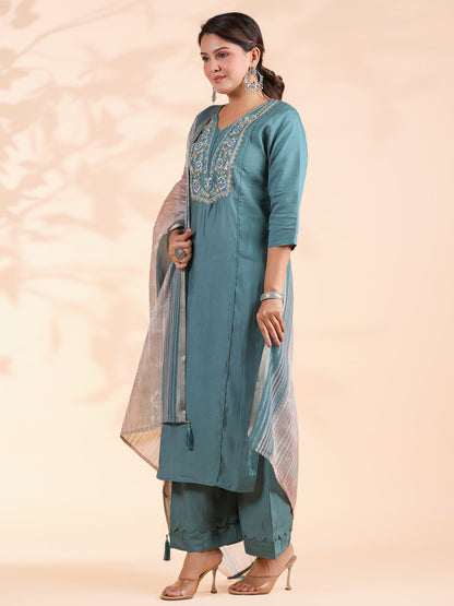 Turquoise Embroidered Straight Roman Silk Stitched Kurta Set