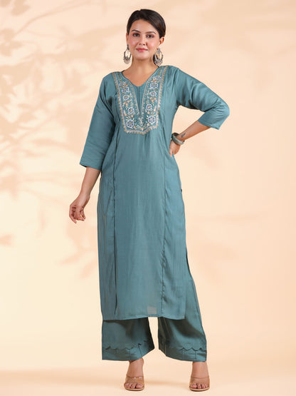 Turquoise Embroidered Straight Roman Silk Stitched Kurta Set