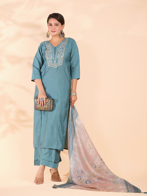 Turquoise Embroidered Straight Roman Silk Stitched Kurta Set