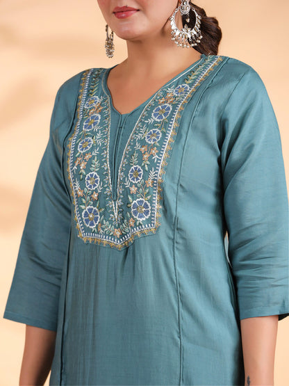 Turquoise Embroidered Straight Roman Silk Stitched Kurta Set