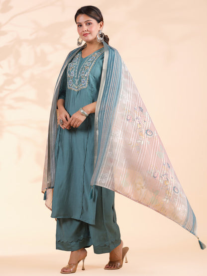 Turquoise Embroidered Straight Roman Silk Stitched Kurta Set