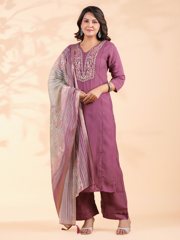 Lavender Embroidered Straight Roman Silk Stitched Kurta Set