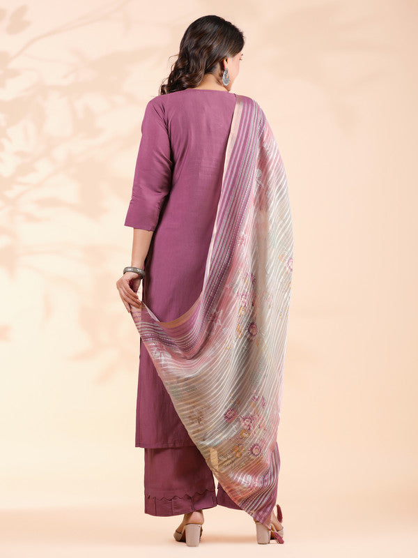 Lavender Embroidered Straight Roman Silk Stitched Kurta Set