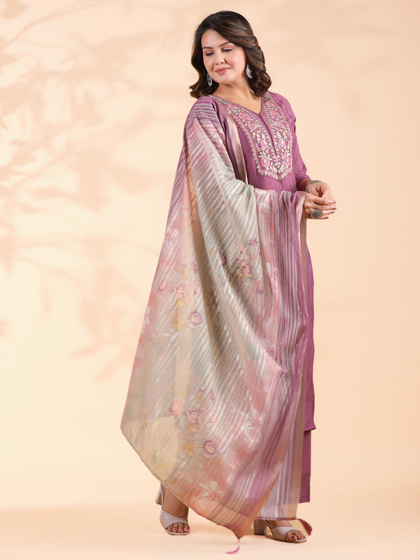 Lavender Embroidered Straight Roman Silk Stitched Kurta Set