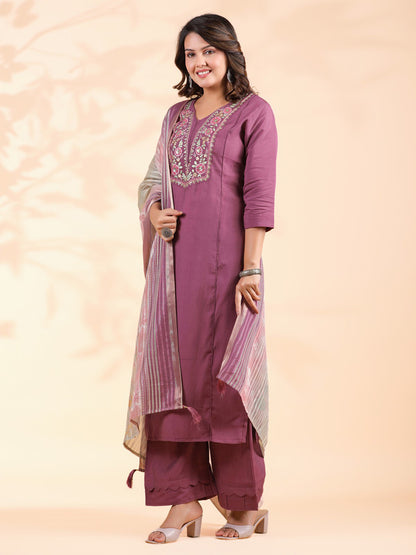 Lavender Embroidered Straight Roman Silk Stitched Kurta Set