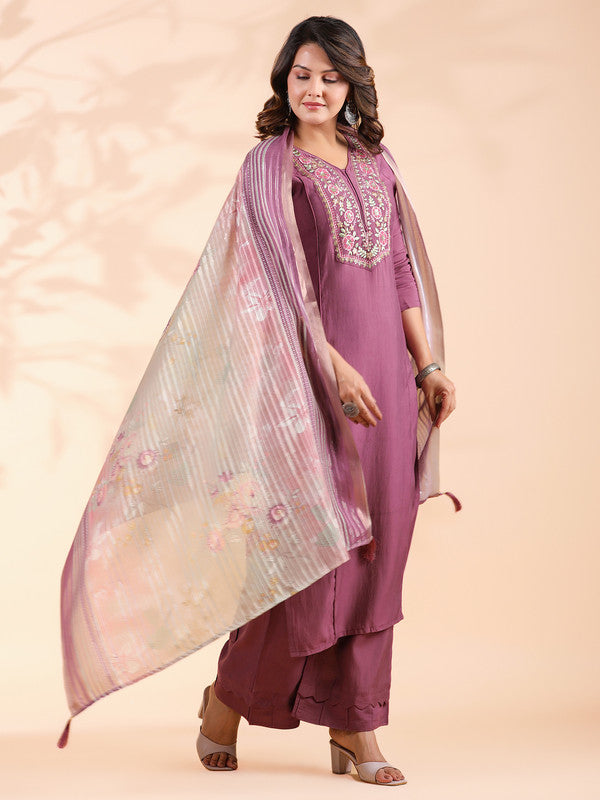 Lavender Embroidered Straight Roman Silk Stitched Kurta Set