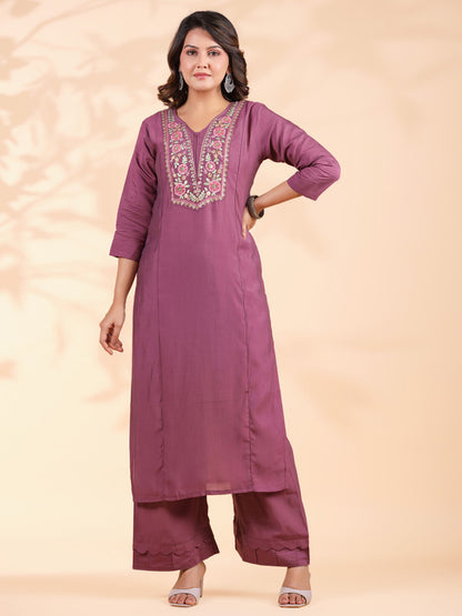 Lavender Embroidered Straight Roman Silk Stitched Kurta Set