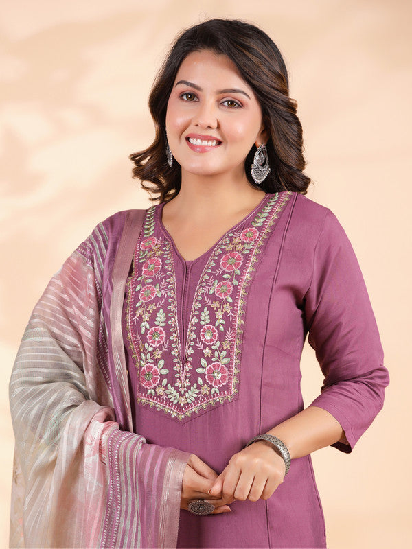 Lavender Embroidered Straight Roman Silk Stitched Kurta Set