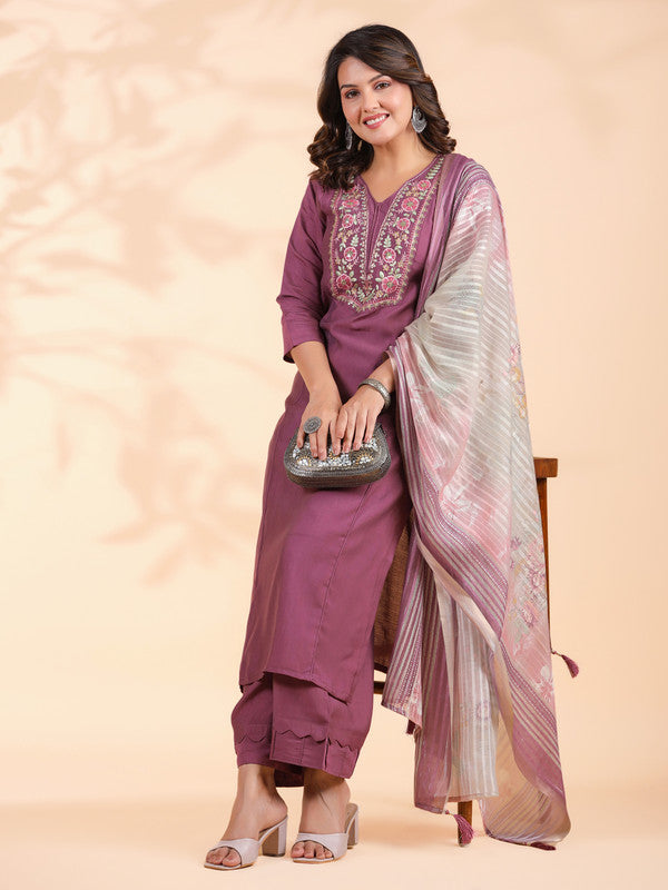 Lavender Embroidered Straight Roman Silk Stitched Kurta Set