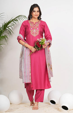 Pink Solid With Embroidered Straight Vertican Kurta Set