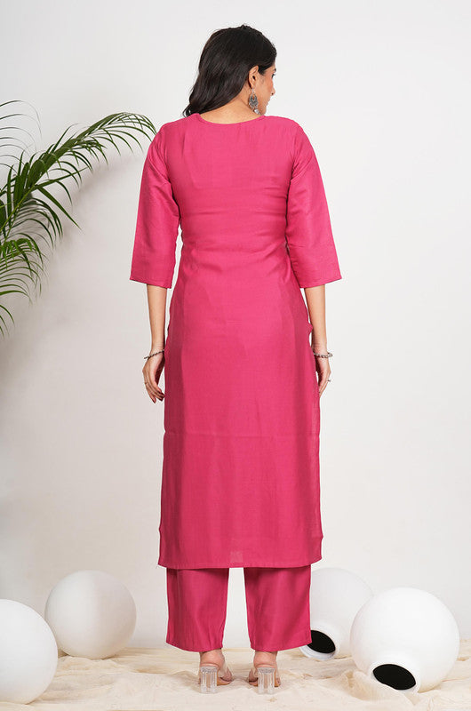 Pink Solid With Embroidered Straight Vertican Kurta Set