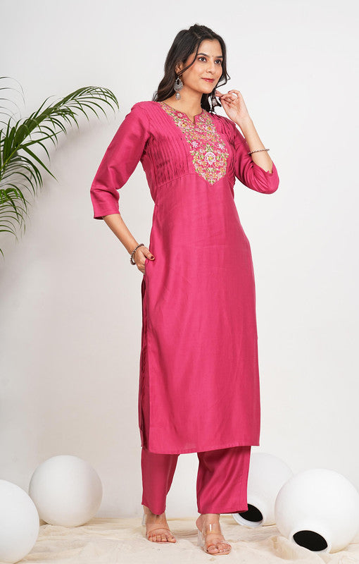 Pink Solid With Embroidered Straight Vertican Kurta Set