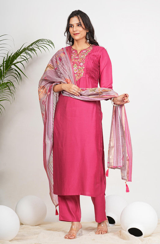 Pink Solid With Embroidered Straight Vertican Kurta Set