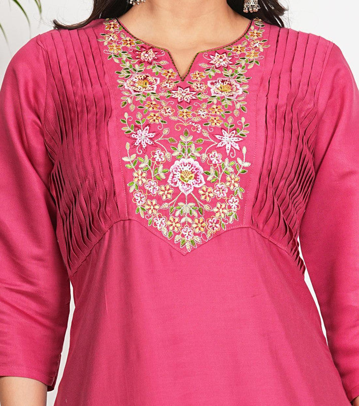 Pink Solid With Embroidered Straight Vertican Kurta Set