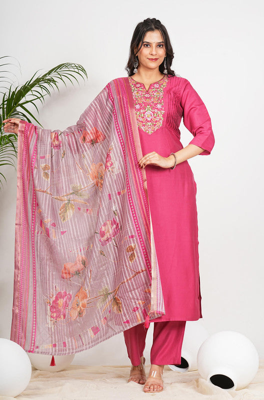 Pink Solid With Embroidered Straight Vertican Kurta Set