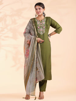 Mahendi Solid With Embroidered Straight Roman Silk Stitched Kurta Set