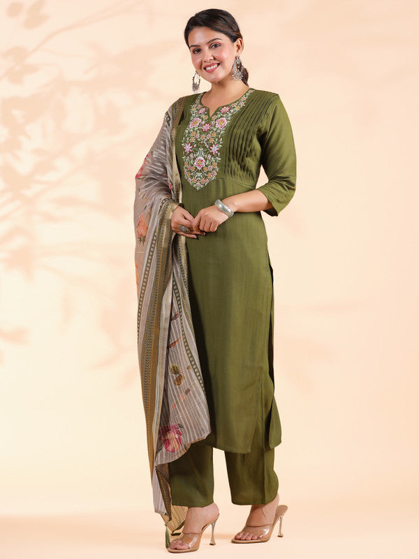 Mahendi Solid With Embroidered Straight Roman Silk Stitched Kurta Set