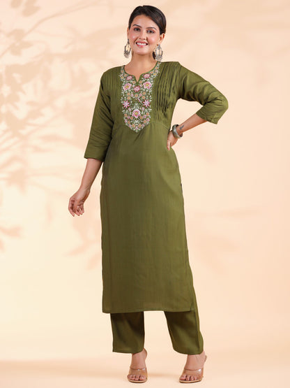 Mahendi Solid With Embroidered Straight Roman Silk Stitched Kurta Set