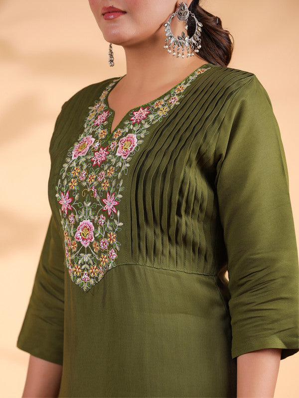 Mahendi Solid With Embroidered Straight Roman Silk Stitched Kurta Set