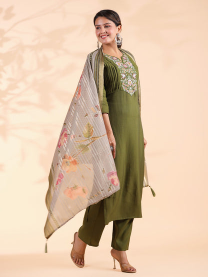 Mahendi Solid With Embroidered Straight Roman Silk Stitched Kurta Set