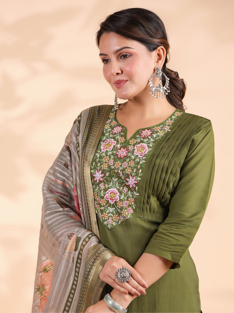 Mahendi Solid With Embroidered Straight Roman Silk Stitched Kurta Set