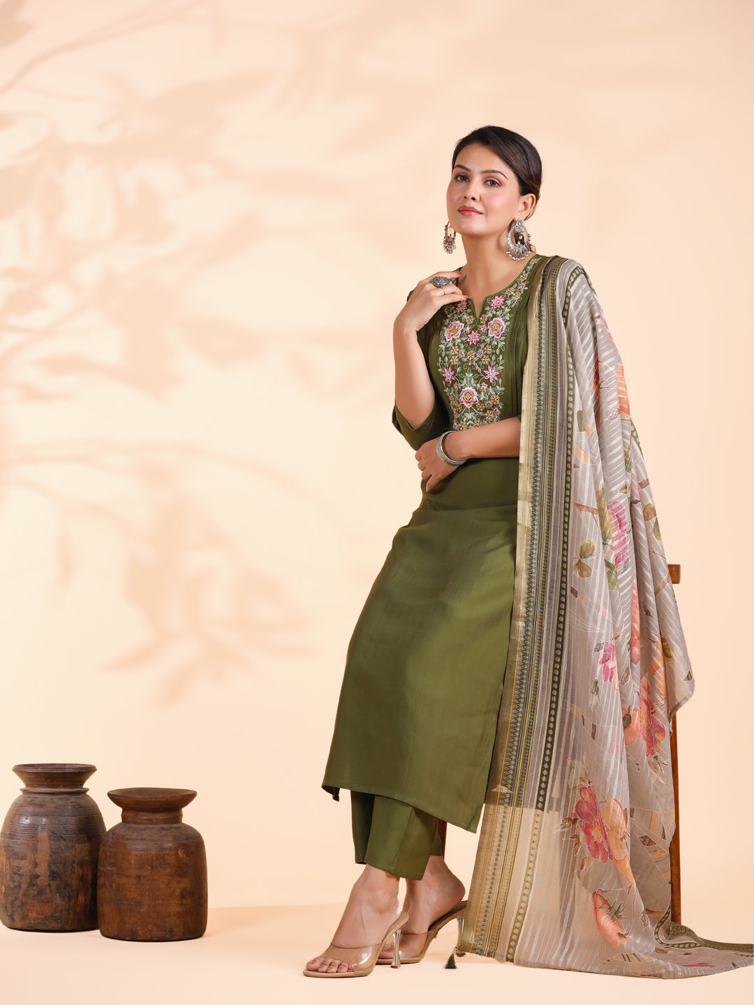 Mahendi Solid With Embroidered Straight Roman Silk Stitched Kurta Set