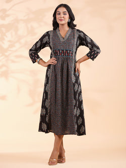 Black Geometric Print  A-Line Cotton Dress