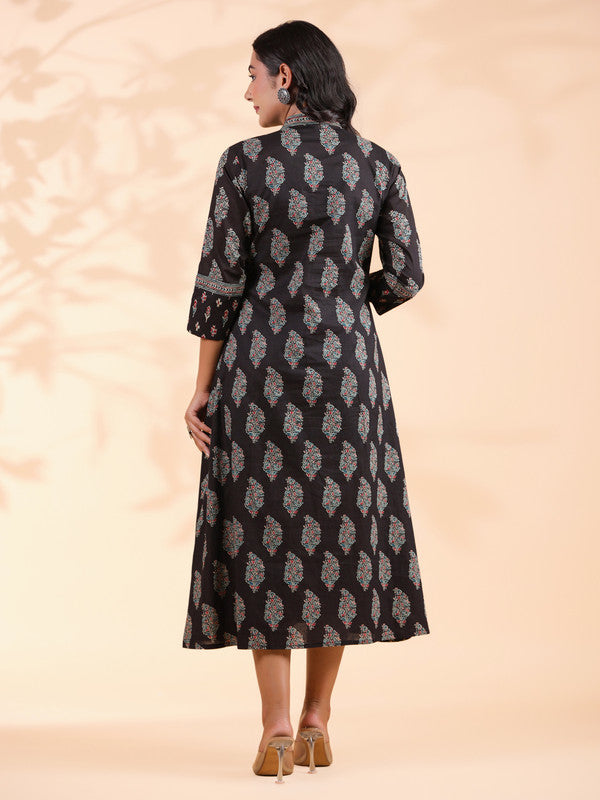 Black Geometric Print  A-Line Cotton Dress