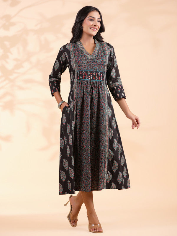 Black Geometric Print  A-Line Cotton Dress