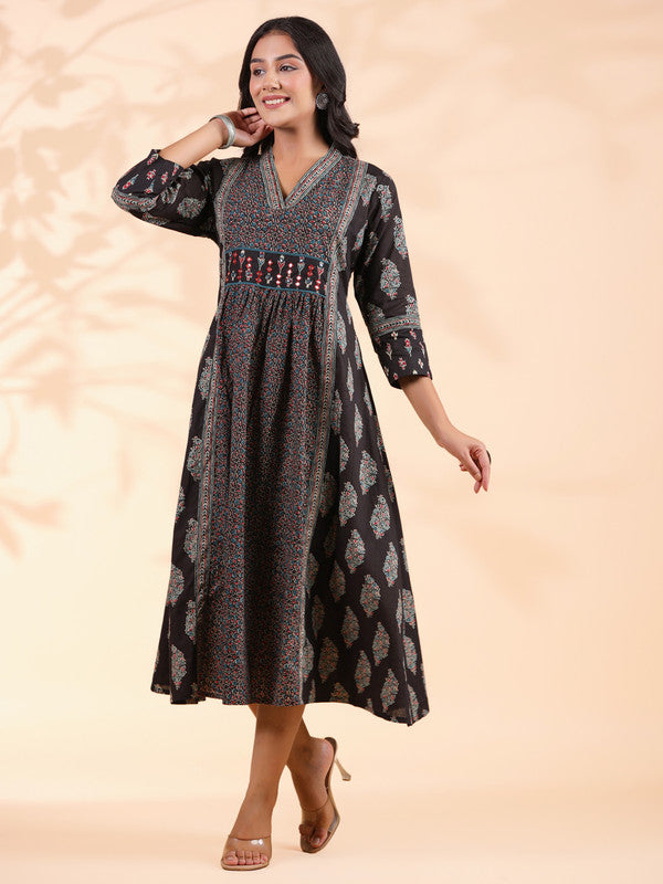 Black Geometric Print  A-Line Cotton Dress