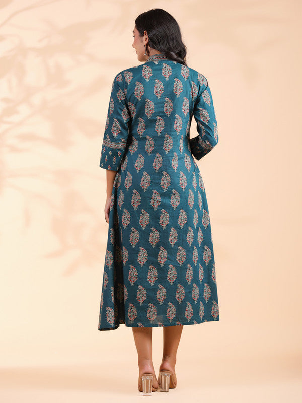 Aqua Blue Geometric Print  A-Line Cotton Dress