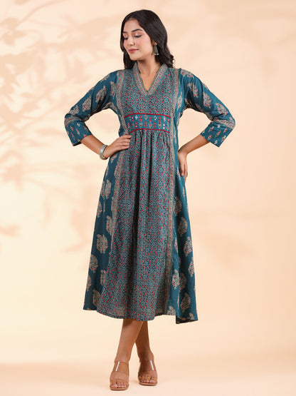 Aqua Blue Geometric Print  A-Line Cotton Dress