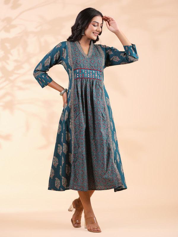 Aqua Blue Geometric Print  A-Line Cotton Dress