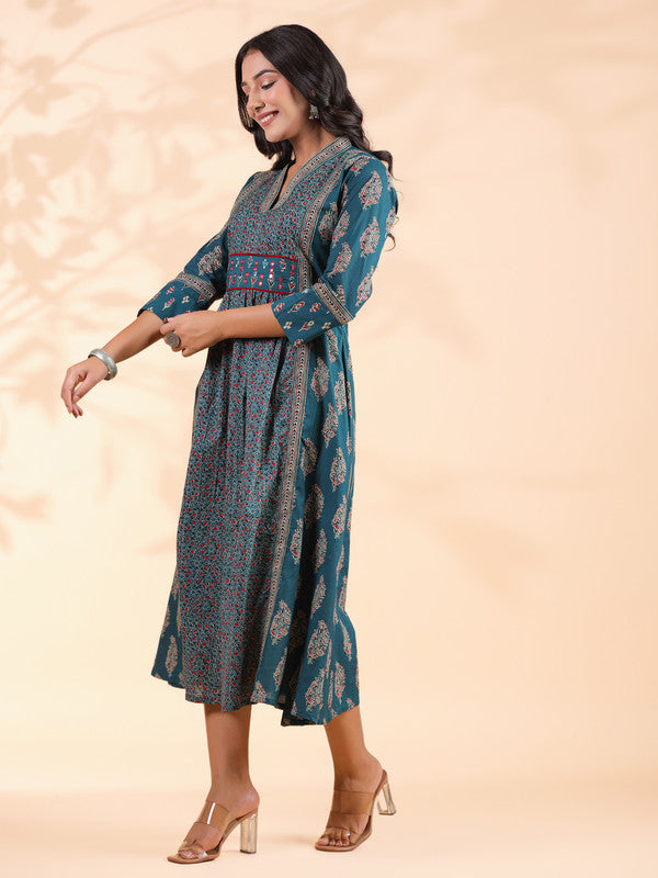 Aqua Blue Geometric Print  A-Line Cotton Dress