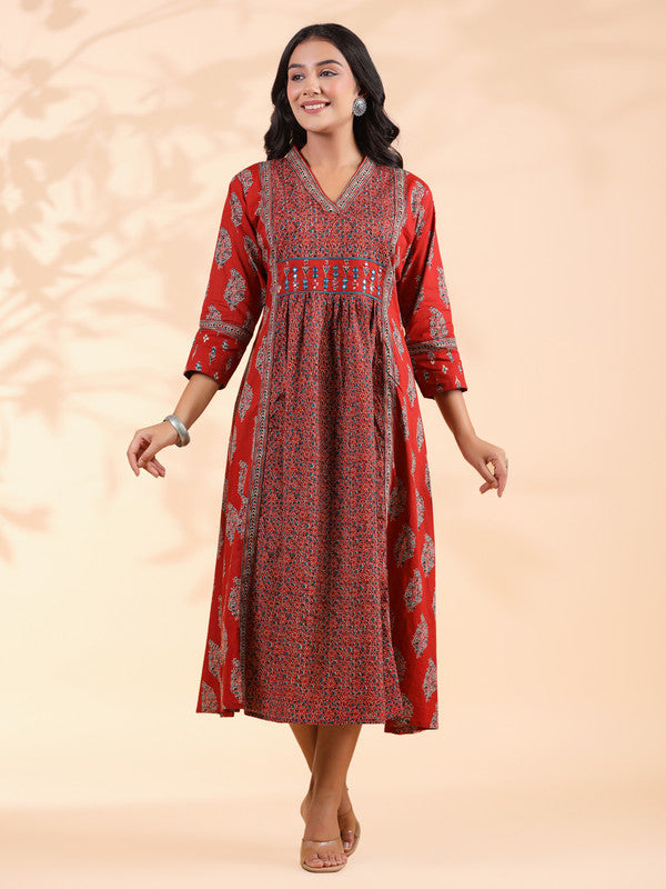 Red Geometric Print  A-Line Cotton Dress