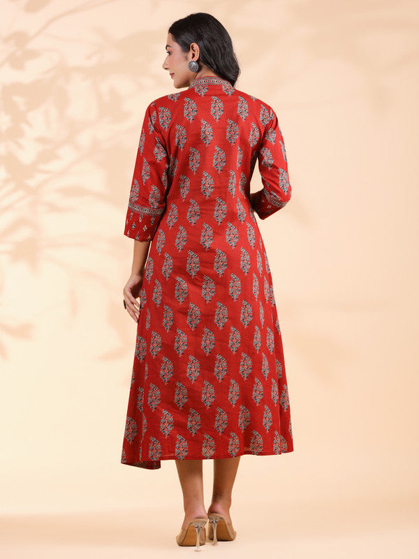 Red Geometric Print  A-Line Cotton Dress