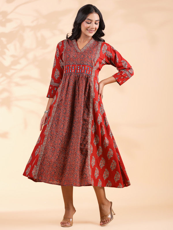 Red Geometric Print  A-Line Cotton Dress